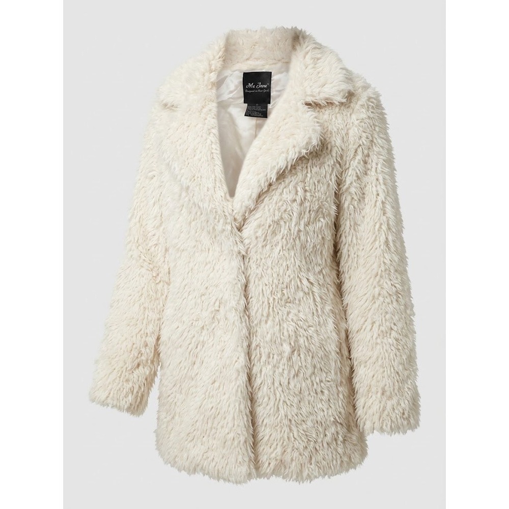 Me Jane Cream Faux Fur Shaggy Coat Mid Length Lined Ivory Jacket Medium Y2K